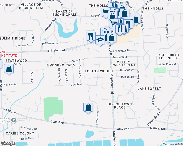 map of restaurants, bars, coffee shops, grocery stores, and more near 6026 Landover Place in Fort Wayne