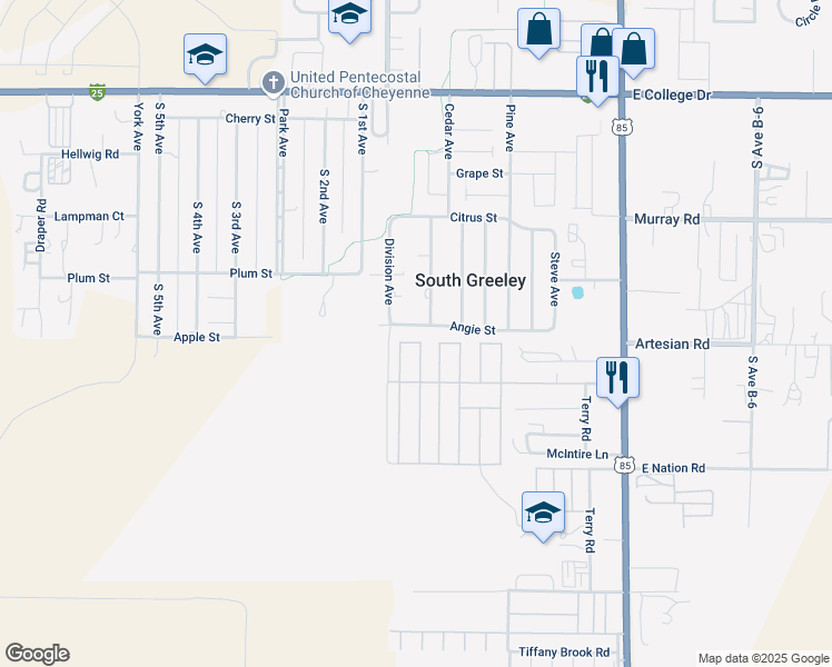map of restaurants, bars, coffee shops, grocery stores, and more near 801 Angie Street in Cheyenne