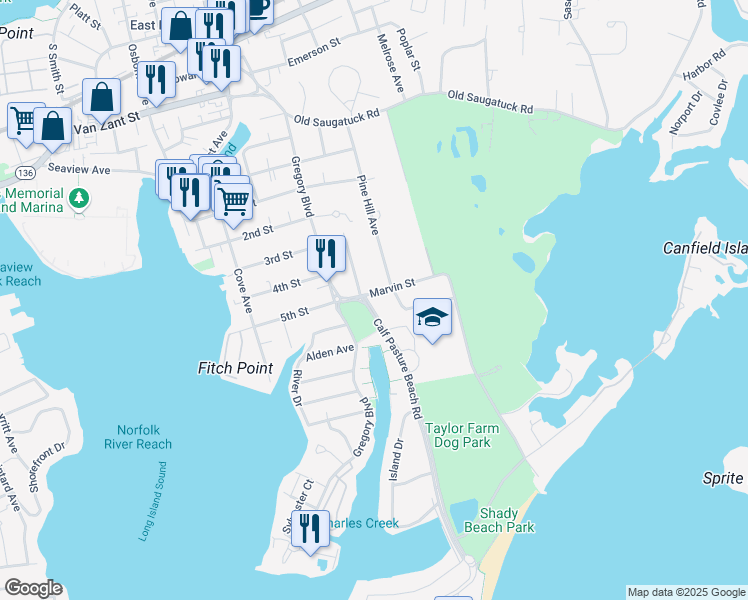 map of restaurants, bars, coffee shops, grocery stores, and more near 15 Calf Pasture Beach Road in Norwalk