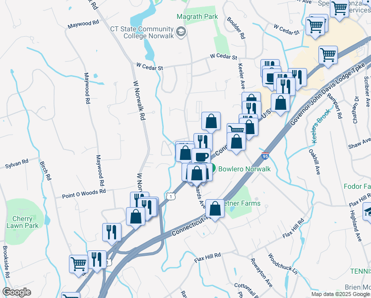 map of restaurants, bars, coffee shops, grocery stores, and more near 93 Richards Avenue in Norwalk