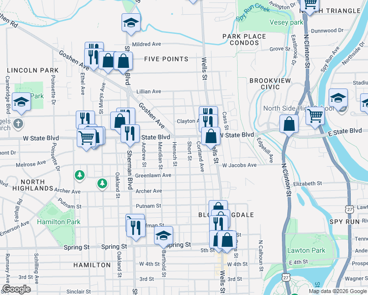 map of restaurants, bars, coffee shops, grocery stores, and more near 614 Florence Avenue in Fort Wayne