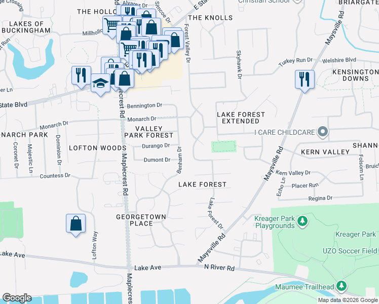 map of restaurants, bars, coffee shops, grocery stores, and more near 1705 Forest Valley Drive in Fort Wayne