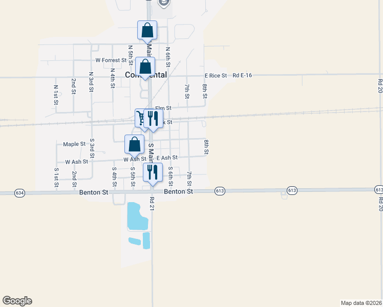 map of restaurants, bars, coffee shops, grocery stores, and more near 301 East Ash Street in Continental