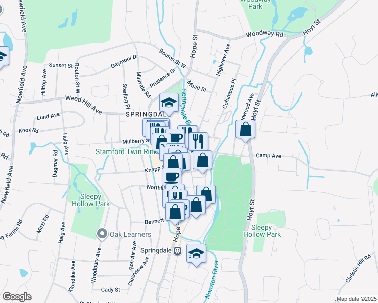 map of restaurants, bars, coffee shops, grocery stores, and more near 77 Camp Avenue in Stamford