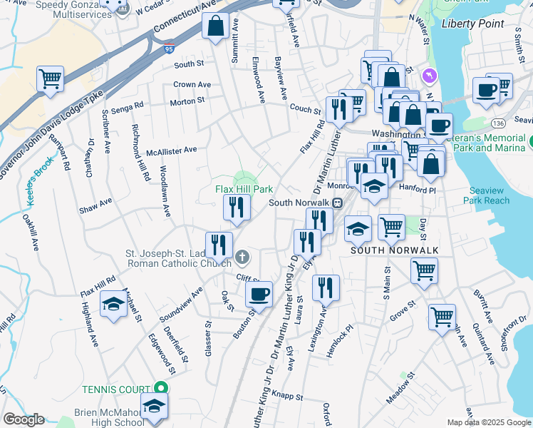 map of restaurants, bars, coffee shops, grocery stores, and more near 232 Flax Hill Road in Norwalk