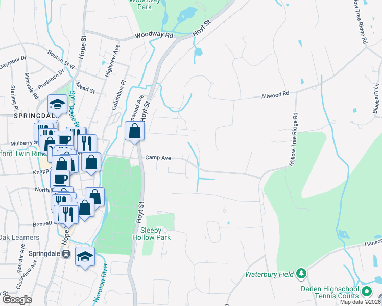 map of restaurants, bars, coffee shops, grocery stores, and more near 74 Camp Avenue in Darien