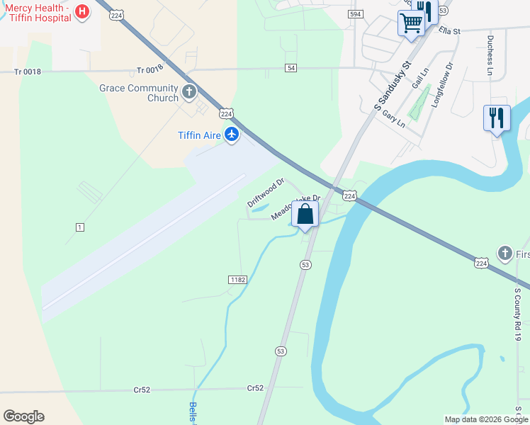 map of restaurants, bars, coffee shops, grocery stores, and more near 1751 Meadowlake Drive in Tiffin