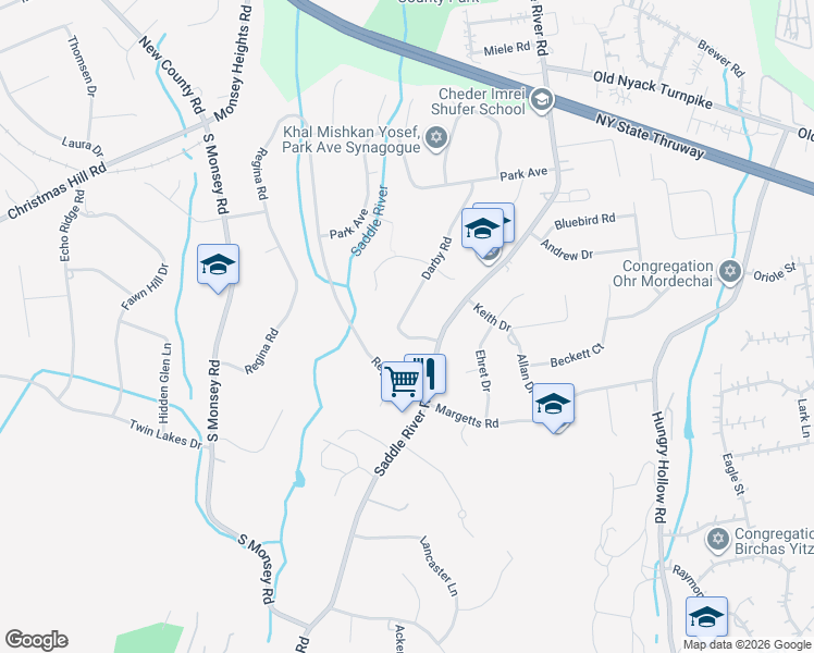 map of restaurants, bars, coffee shops, grocery stores, and more near 3 Haven Court in Airmont