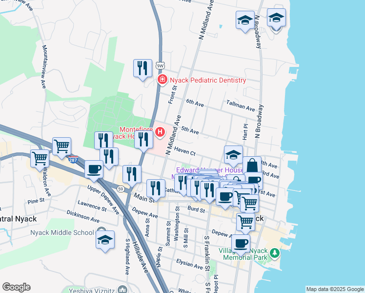 map of restaurants, bars, coffee shops, grocery stores, and more near 29 Haven Court in Nyack