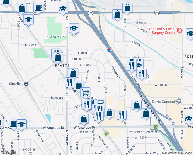 map of restaurants, bars, coffee shops, grocery stores, and more near 1280 South 1200 East in Clearfield