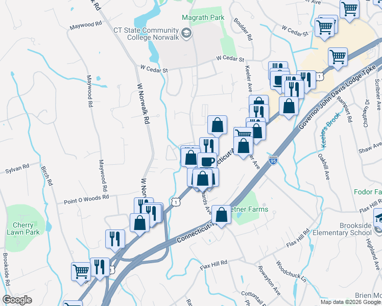 map of restaurants, bars, coffee shops, grocery stores, and more near 93 Richards Avenue in Norwalk