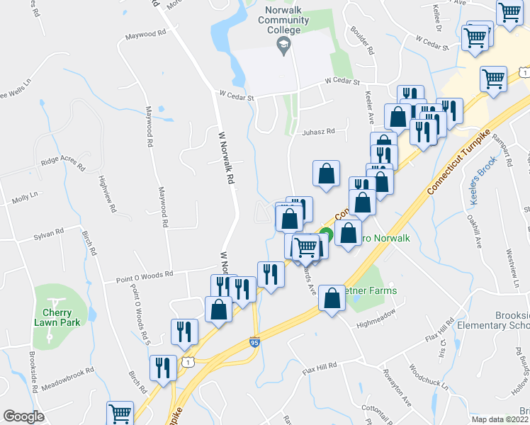 map of restaurants, bars, coffee shops, grocery stores, and more near 97 Richards Avenue in Norwalk