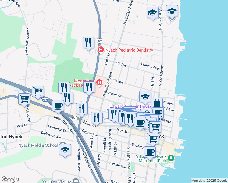 map of restaurants, bars, coffee shops, grocery stores, and more near 29 Haven Court in Nyack