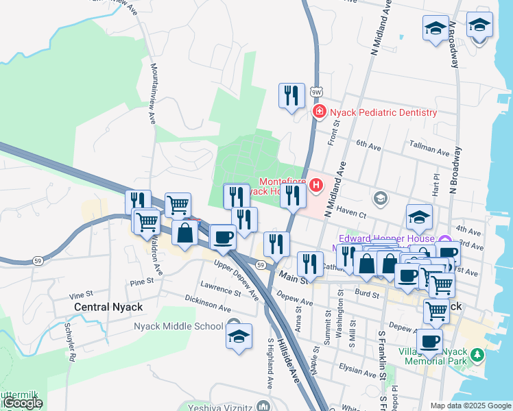 map of restaurants, bars, coffee shops, grocery stores, and more near 314 High Avenue in Nyack