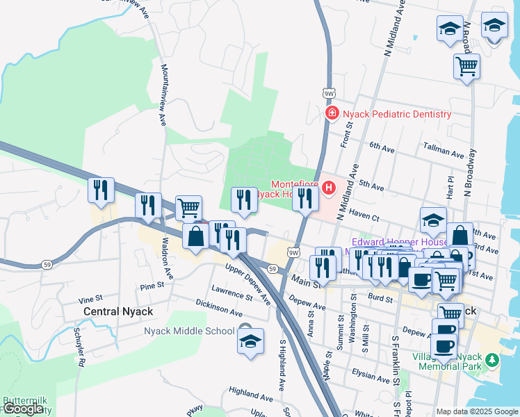 map of restaurants, bars, coffee shops, grocery stores, and more near 314 High Avenue in Nyack