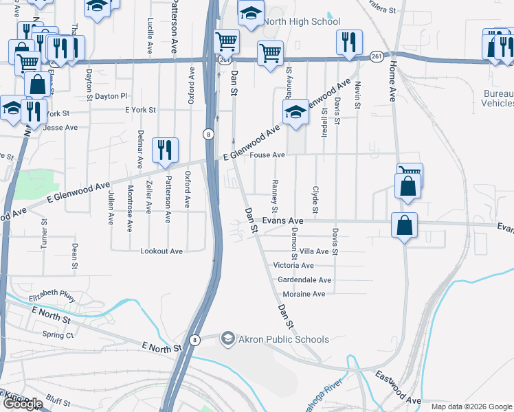 map of restaurants, bars, coffee shops, grocery stores, and more near 630 Ranney Street in Akron