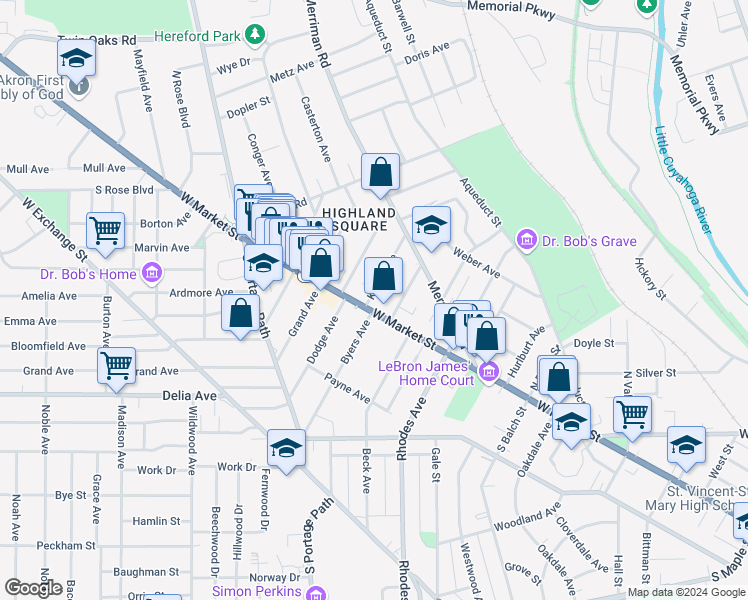 map of restaurants, bars, coffee shops, grocery stores, and more near 705 West Market Street in Akron