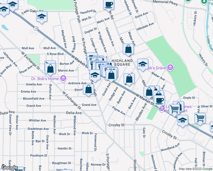 map of restaurants, bars, coffee shops, grocery stores, and more near 22 Grand Avenue in Akron