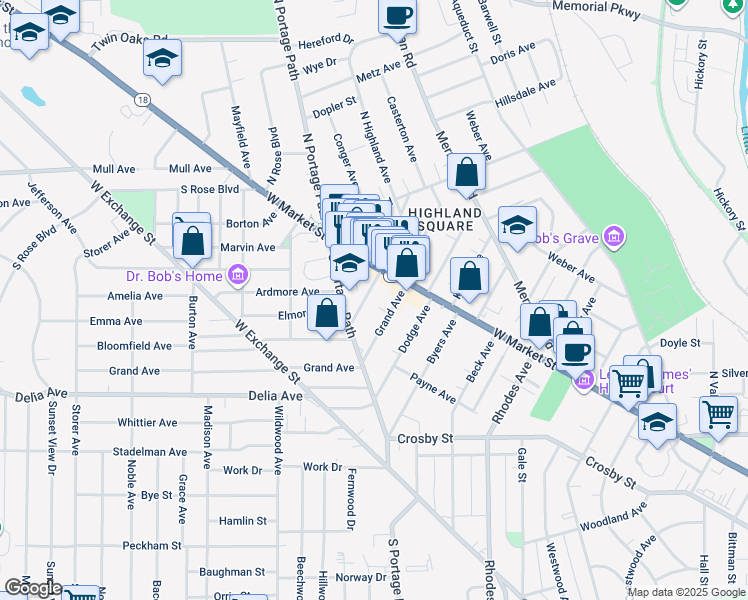 map of restaurants, bars, coffee shops, grocery stores, and more near 22 Grand Avenue in Akron