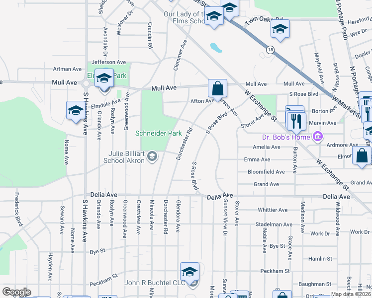map of restaurants, bars, coffee shops, grocery stores, and more near 317 Dorchester Road in Akron