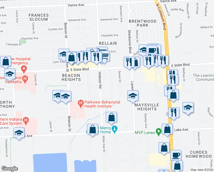 map of restaurants, bars, coffee shops, grocery stores, and more near 2046 Hobson Road in Fort Wayne