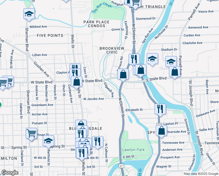 map of restaurants, bars, coffee shops, grocery stores, and more near 2169 Westbrook Drive in Fort Wayne