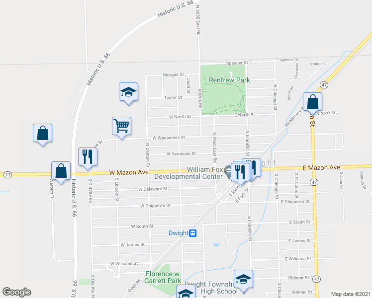 map of restaurants, bars, coffee shops, grocery stores, and more near 120 West Seminole Street in Dwight