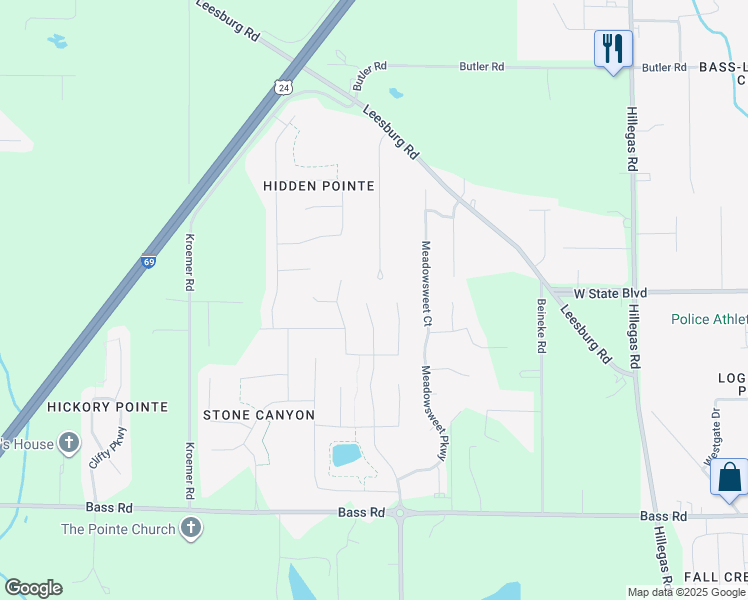map of restaurants, bars, coffee shops, grocery stores, and more near 2216 Morgan Creek Drive in Fort Wayne