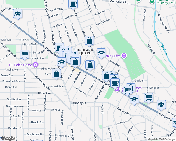 map of restaurants, bars, coffee shops, grocery stores, and more near 705 West Market Street in Akron