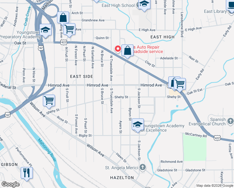 map of restaurants, bars, coffee shops, grocery stores, and more near 1470 Shehy Street in Youngstown