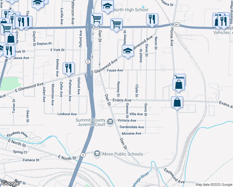 map of restaurants, bars, coffee shops, grocery stores, and more near 630 Ranney Street in Akron