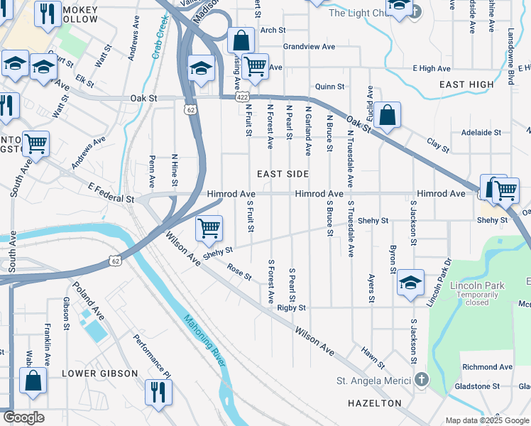 map of restaurants, bars, coffee shops, grocery stores, and more near 30 South Forest Avenue in Youngstown