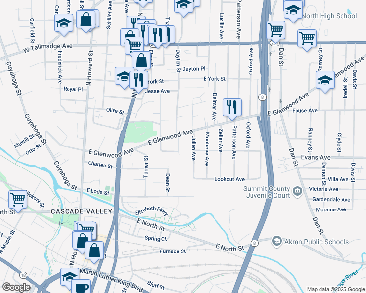 map of restaurants, bars, coffee shops, grocery stores, and more near 369 Dayton St in Akron