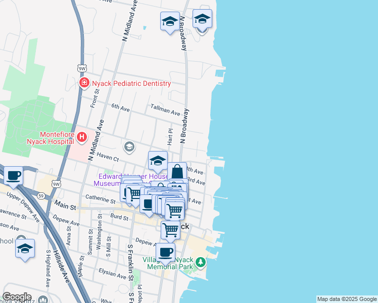 map of restaurants, bars, coffee shops, grocery stores, and more near 37 Tallman Place in Nyack