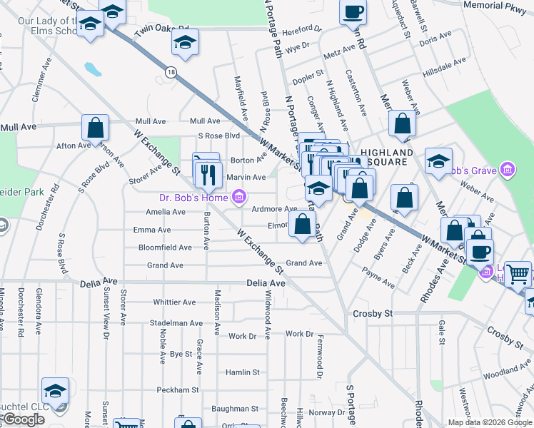 map of restaurants, bars, coffee shops, grocery stores, and more near 808 Ardmore Avenue in Akron