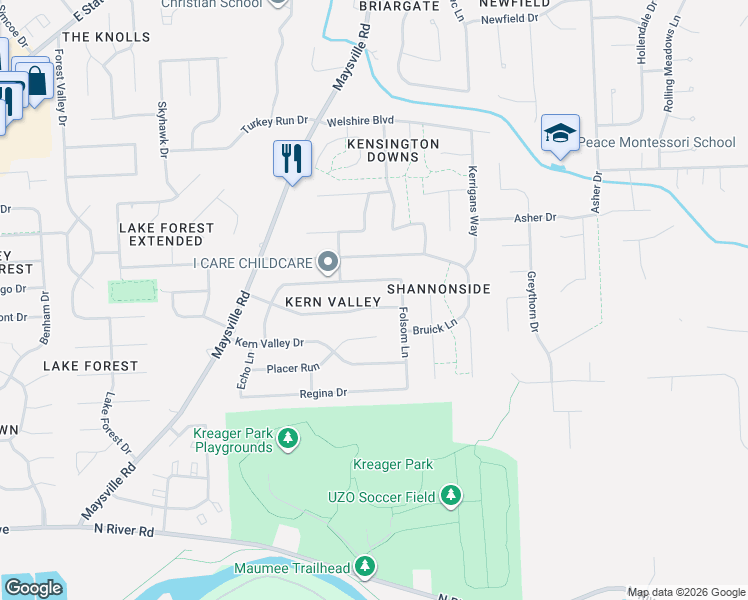 map of restaurants, bars, coffee shops, grocery stores, and more near 7705 Valley Meadows Drive in Fort Wayne