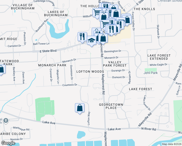 map of restaurants, bars, coffee shops, grocery stores, and more near 1920 Duprey Drive in Fort Wayne