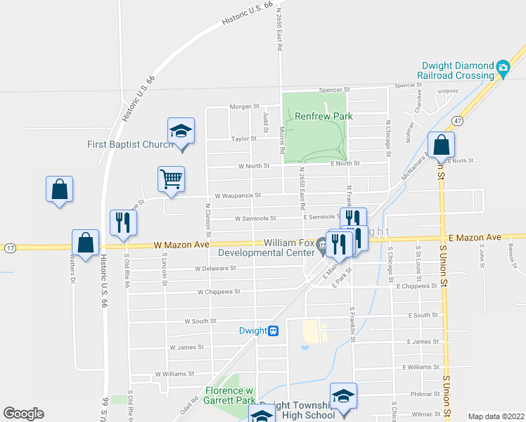 map of restaurants, bars, coffee shops, grocery stores, and more near 124 West Seminole Street in Dwight