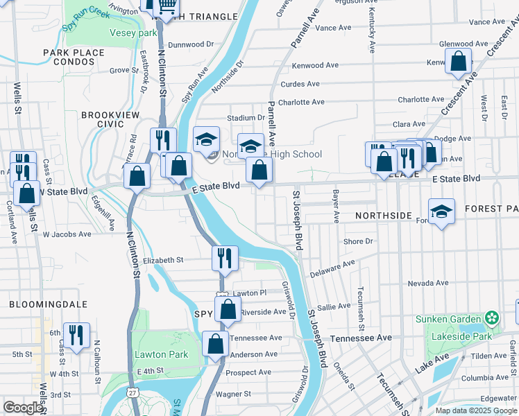 map of restaurants, bars, coffee shops, grocery stores, and more near 2122 Pleasant Avenue in Fort Wayne