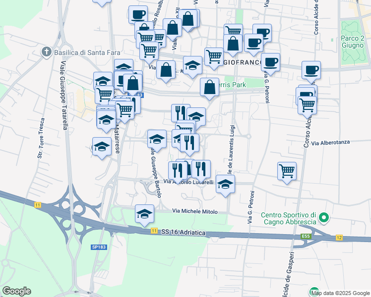 map of restaurants, bars, coffee shops, grocery stores, and more near in Bari