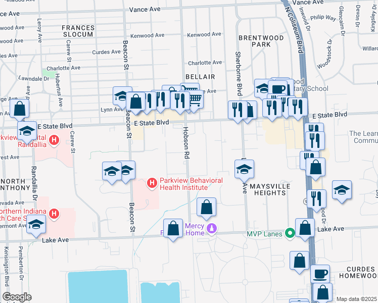 map of restaurants, bars, coffee shops, grocery stores, and more near 2046 Hobson Road in Fort Wayne