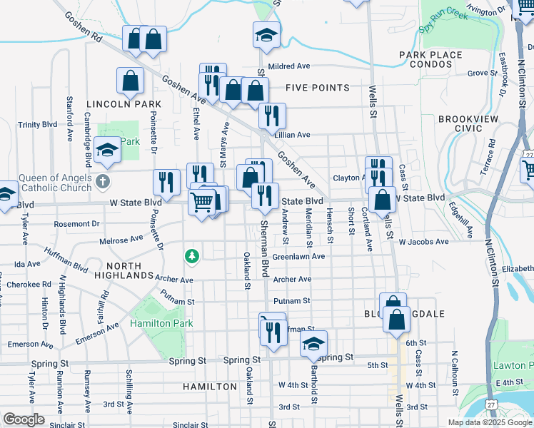 map of restaurants, bars, coffee shops, grocery stores, and more near 2214 Lincoln Highway in Fort Wayne