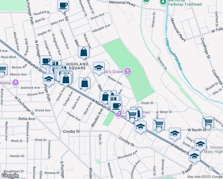 map of restaurants, bars, coffee shops, grocery stores, and more near 68 Charlotte St in Akron