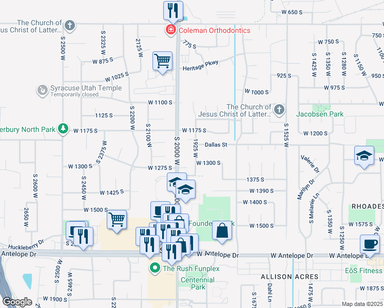 map of restaurants, bars, coffee shops, grocery stores, and more near 1264 1925 West in Syracuse