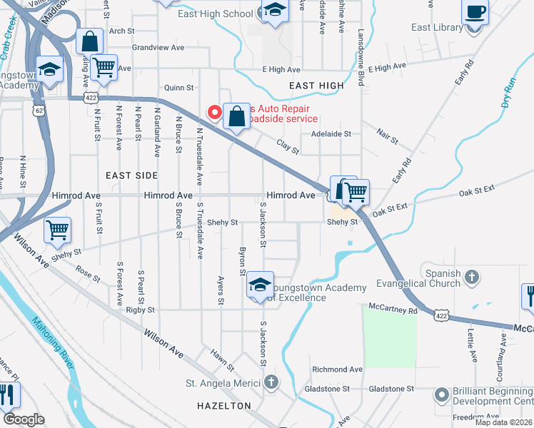 map of restaurants, bars, coffee shops, grocery stores, and more near 1564 Shehy Street in Youngstown
