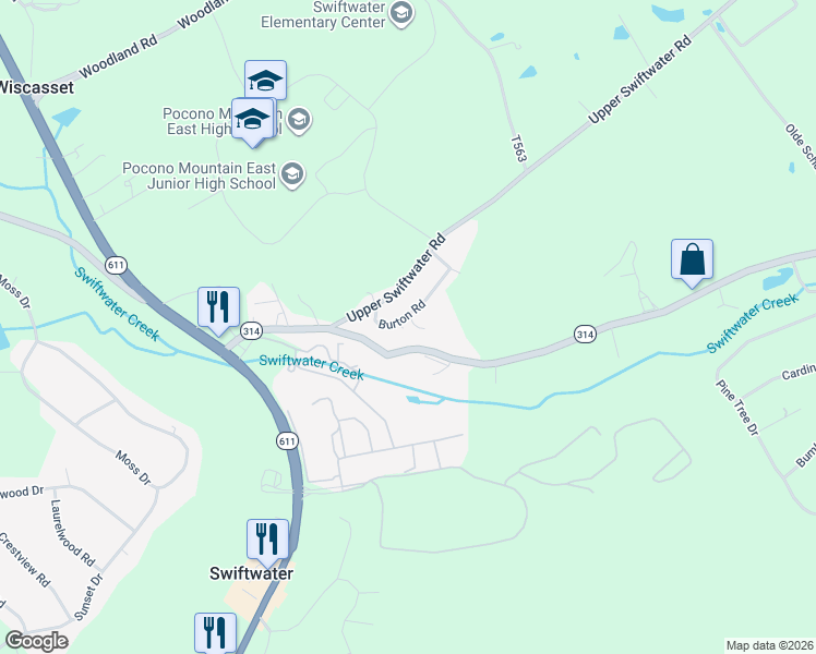 map of restaurants, bars, coffee shops, grocery stores, and more near 114 Burton Road in Mount Pocono