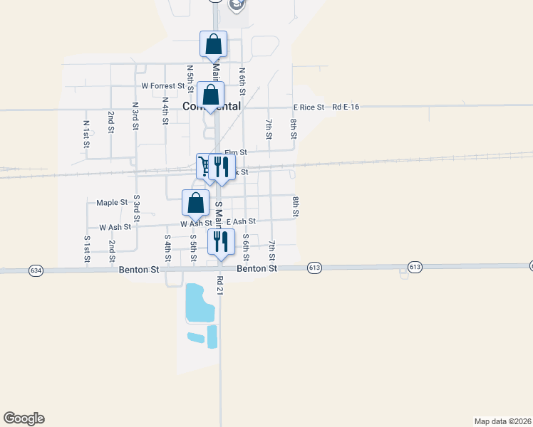 map of restaurants, bars, coffee shops, grocery stores, and more near 301 East Ash Street in Continental