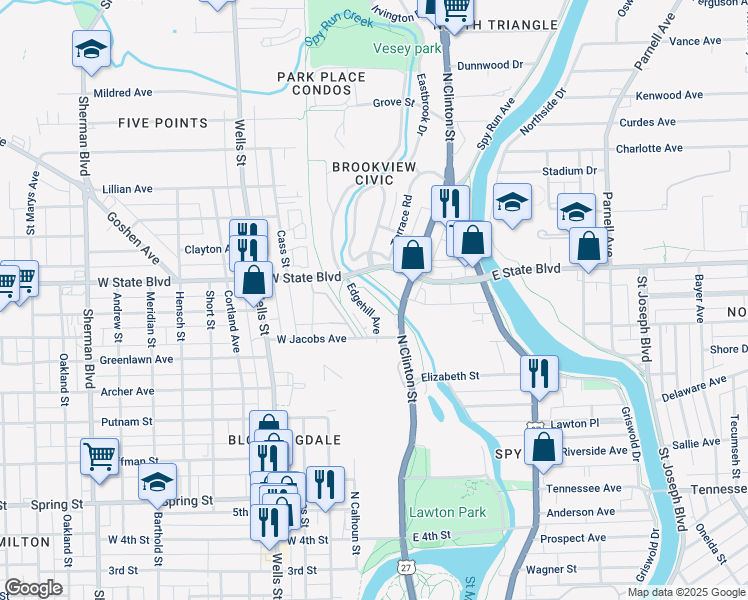 map of restaurants, bars, coffee shops, grocery stores, and more near 2169 Westbrook Drive in Fort Wayne