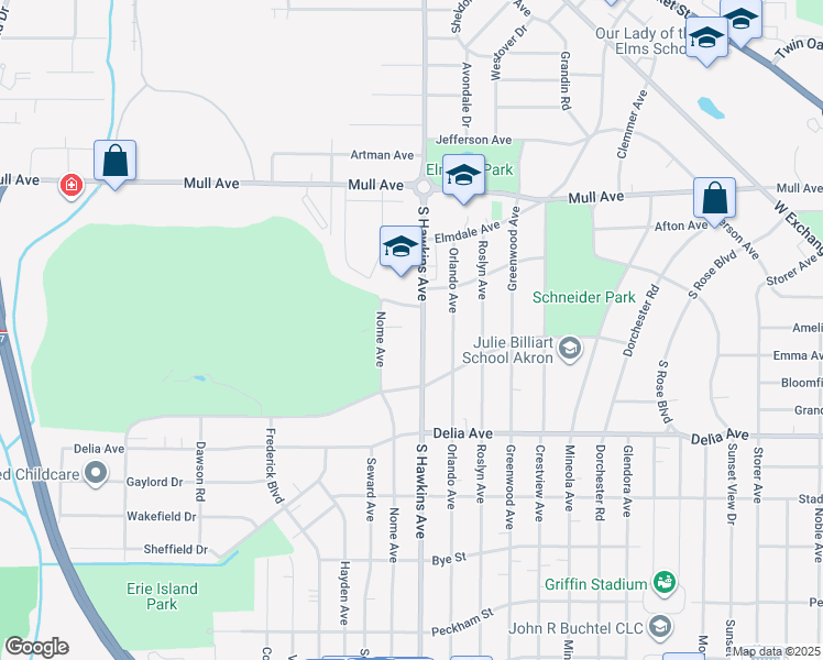 map of restaurants, bars, coffee shops, grocery stores, and more near 504 South Hawkins Avenue in Akron