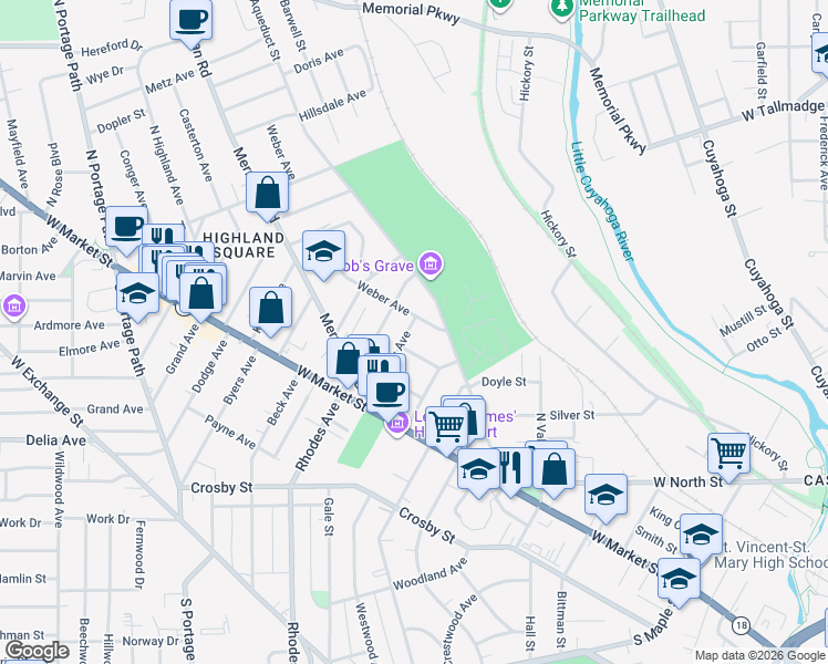 map of restaurants, bars, coffee shops, grocery stores, and more near 91 Mount View Avenue in Akron